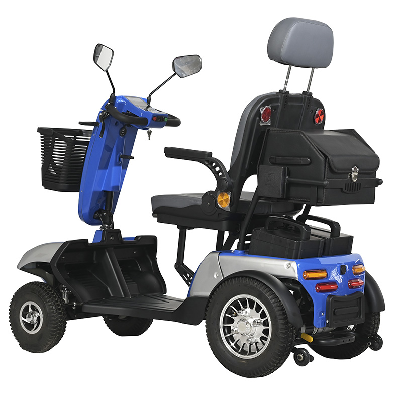 Mobility scooters are powered by electricity and typically have two large wheels in the front and two smaller wheels in the back. They are controlled by a joystick or other handheld control device, which allows the operator to steer and control the speed of the scooter.