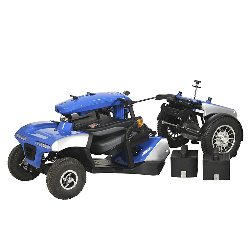 Mobility scooters are powered by electricity and typically have two large wheels in the front and two smaller wheels in the back. They are controlled by a joystick or other handheld control device, which allows the operator to steer and control the speed of the scooter.