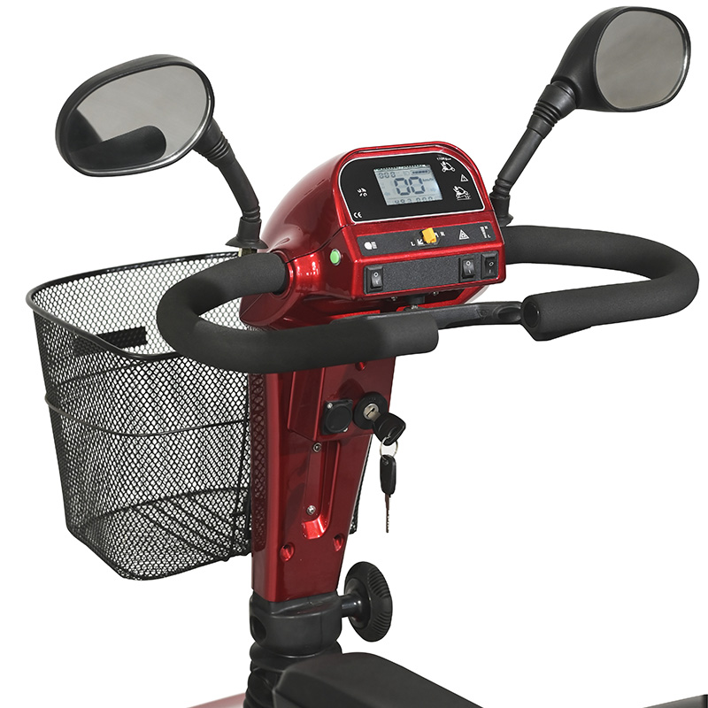 Mobility scooters are powered by electricity and typically have two large wheels in the front and two smaller wheels in the back. They are controlled by a joystick or other handheld control device, which allows the operator to steer and control the speed of the scooter.