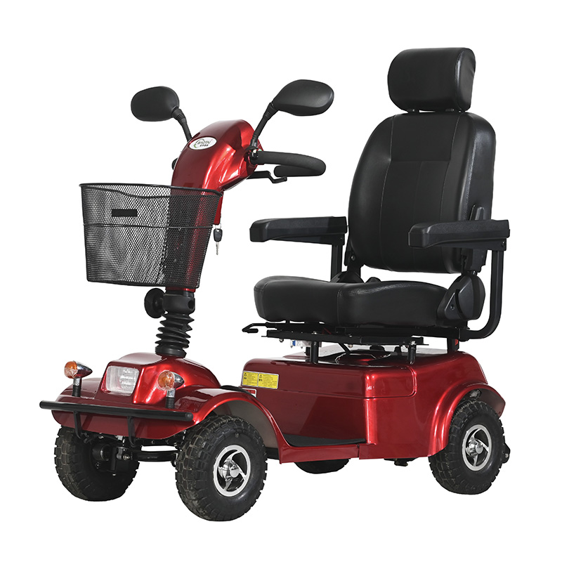 Mobility scooters are powered by electricity and typically have two large wheels in the front and two smaller wheels in the back. They are controlled by a joystick or other handheld control device, which allows the operator to steer and control the speed of the scooter.